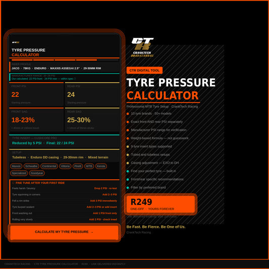 CTR Tyre Pressure Calculator — Professional MTB Tyre Setup & Tyre Finder Tool